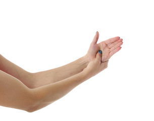 Pain in the wrist. Massage of female wrist.