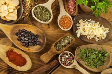Various kinds of spices on the kitchen table. Seasoning food. Sales of exotic spices. Advertising on spices. Powder spices on spoons in wooden table background.
