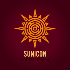 Tribal patterned ethnic Sun logo icon. Sunburst, beam, summer, nature, sky. Sunshine logo. Labyrinth shape design radial element. Idea for logo or corporate identity. Vector illustration