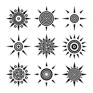 Tribal ethnic boho collection of suns. Outline black sun icons isolated on white background. Set of radial elements for your design. Vector illustration
