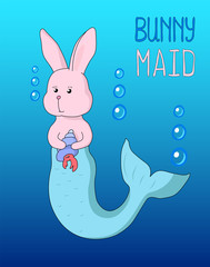 Bunny mermaid cartoon. Hand-drawn vector illustration with text place.