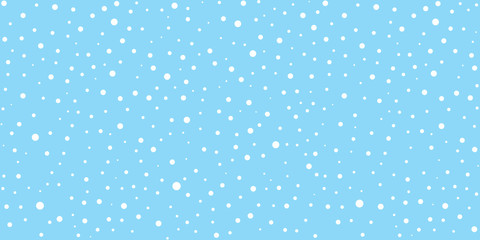 White snow falling on sky blue background seamless pattern. Flat style snowfall repeating texture for christmas greeting card or banner. Vector eps8 illustration.