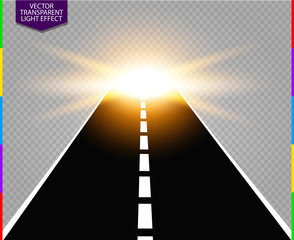Road track to golden flash light flare. Special effect on transparent background. Sunrise way illustration