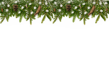 Christmas long decoration  with snowflakes,  cones and silver ribbons on artificial snow. White...