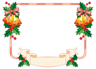 Horizontal frame with holly berry and jingle bells. Copy space. 