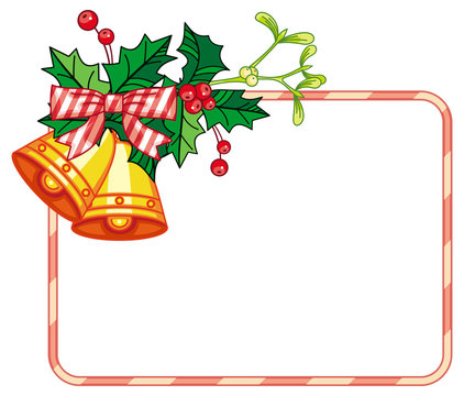 Horizontal frame with holly berry and jingle bells. Copy space.