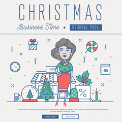 Modern excellent happy christmas business time. Thin line new year holiday concept. Decoration winter new year tree elements. Celebration vector winter objects and beauty xmas event.