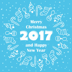 Merry Christmas and Happy New Year 2017 card with winter holidays doodles on snowy background.