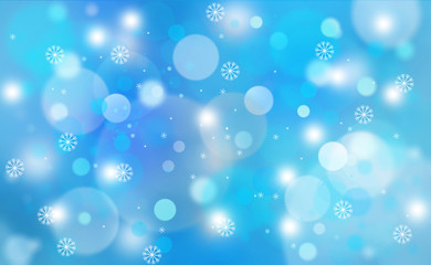 Blue colored abstract blurred circle bokeh with snowflakes, copy space illustration background.