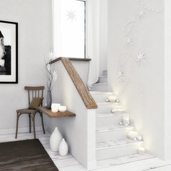 3D render - Treppe mit weihnachtlicher Beleuchtung und Lichterkette