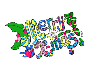 Merry Christmas colorful doodle vector illustration. Multicolored doodle Christmas card.
