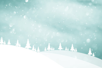 Winter season landscape with trees and hills. Christmas and New Year greeting card illustration background.