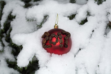 Christmas balls, coffee beans, fir branch, snow, the coming year, holiday,