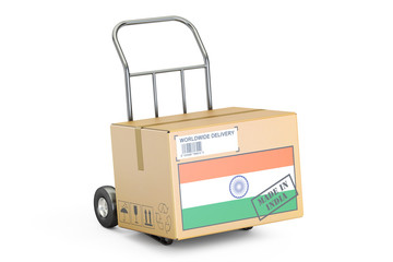 Made in India concept. Cardboard Box on Hand Truck, 3D rendering