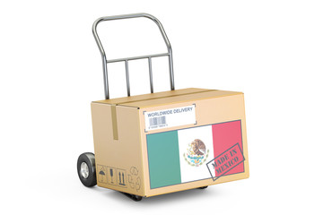 Made in Mexico concept. Cardboard Box on Hand Truck, 3D renderin