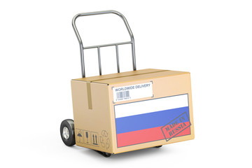 Made in Russia concept. Cardboard Box on Hand Truck, 3D renderin