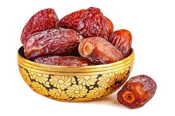 sweet dried dates in oriental cup isolated on white