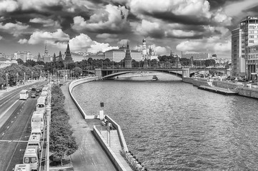 Aerial view over Moskva River and the Kremlin, Moscow, Russia