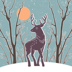 Christmas illustration with reindeer and snowy forest. The design of the cards. Congratulations and best wishes. Figure.