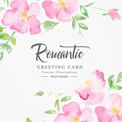 Watercolor floral background with pink wild roses - obrazy, fototapety, plakaty