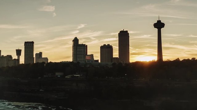Sunset over buildings of Niagara Falls on the Canadian side of the river. View from the United States via the Niagara River. Timelapses pan
