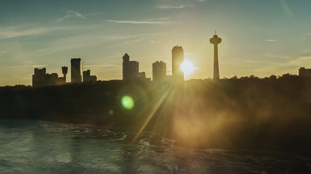 Sunset over buildings of Niagara Falls on the Canadian side of the river. View from the United States via the Niagara River. Timelapses pan