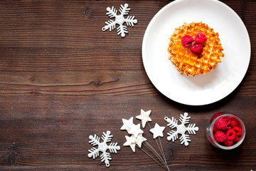 Christmas breakfast with waffles top view