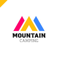 Logo of mountains in style of M and camping tent icon. Camp logotype