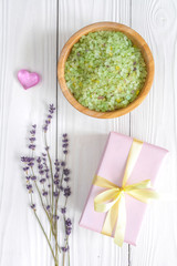 baby bath salt with lavender on wooden background