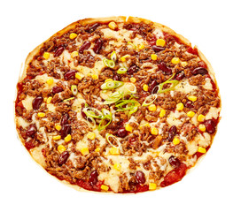 Yummy corn and bean tortilla pizza pie with meat sauce