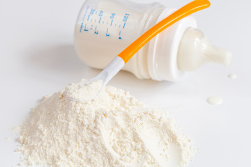 preparation of mixture baby feeding on white background