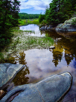 wetland with smooth rocks in foreground and clouds reflecting in water
