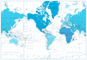 World map continents in colors of blue. America in center
