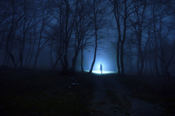 Girl in da foggy forest at night