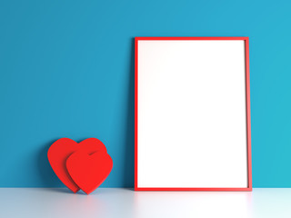 White blank with free copy space mock up poster with red frame and red two heart on blue background. Picture template Valentine's Day. Dating, meeting, family, couple in love theme. 3d illustration