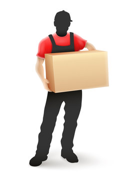 recommend clip art: Delivery service man postman in black uniform holding