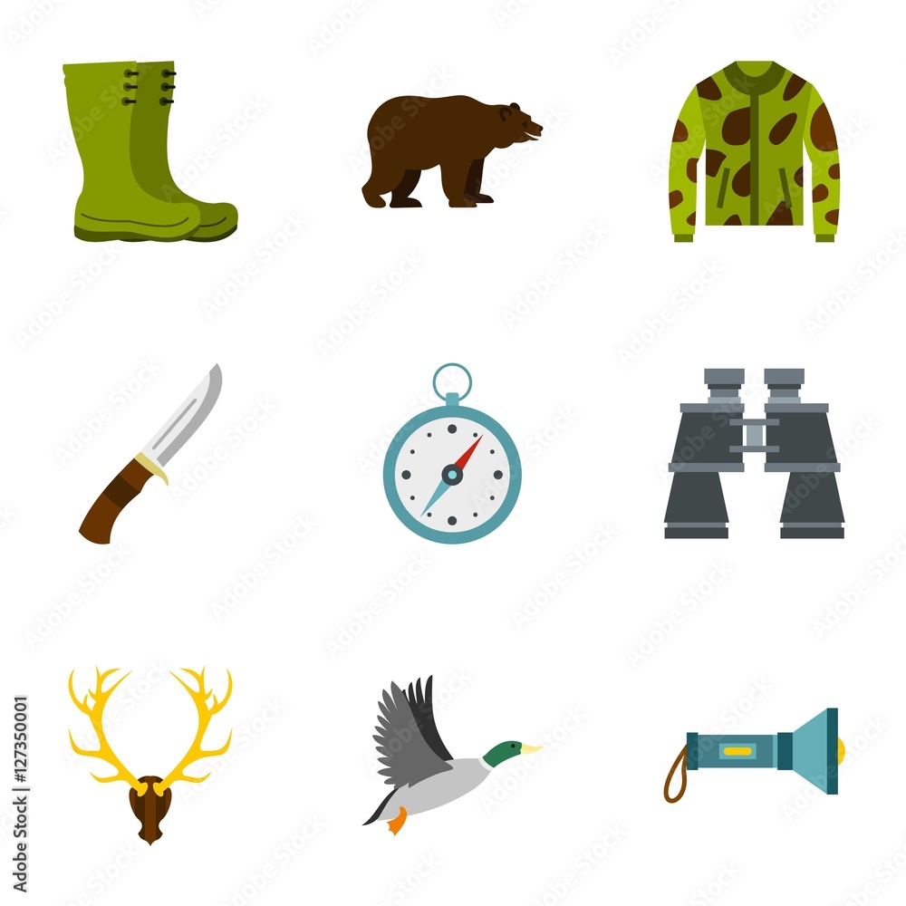 Poster hunting in forest icons set. flat illustration of 9 hunting in forest vector icons for web