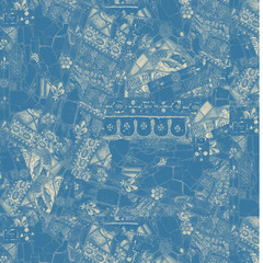 Stained glass patter, blue. Patchwork of textures.