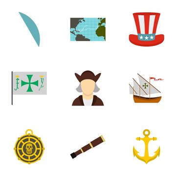 Columbus Day icons set. Flat illustration of 9 Columbus Day vector icons for web