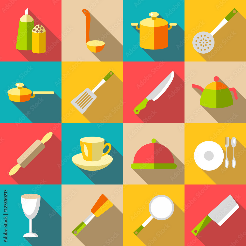 Poster tableware items icons set. flat illustration of 16 tableware items vector icons for web