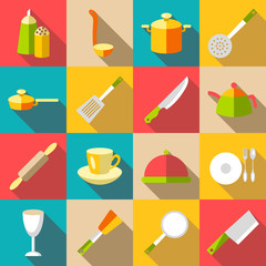 Tableware items icons set. Flat illustration of 16 tableware items vector icons for web