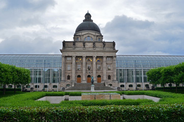 Obraz premium Bayerische Staatskanzlei, historical building and gardens in Munich, Germany