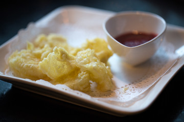 Tempura brie cheese with raspberry soy dip - 127351684