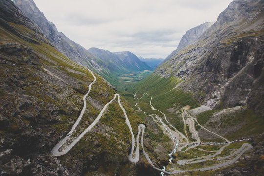 Trollstigen - famous serpentine road mountain road in the Norwegian mountains, Norway, summer sunny day landscape