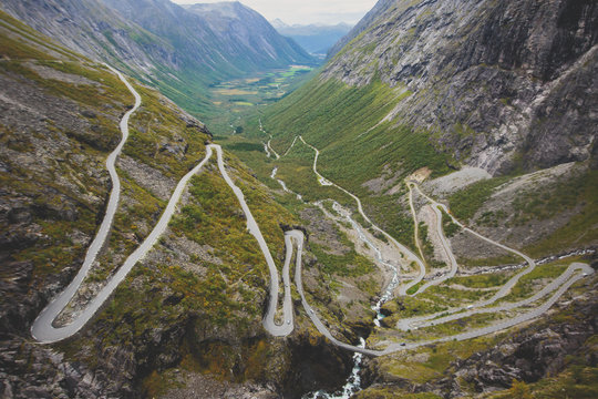 Trollstigen - famous serpentine road mountain road in the Norwegian mountains, Norway, summer sunny day landscape