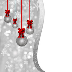 card with silver glittering Christmas baubles, balls and red decorations, ornaments (bow, ribbon) on silver background with snowflakes, stars, blurry, defocused lights (bokeh)