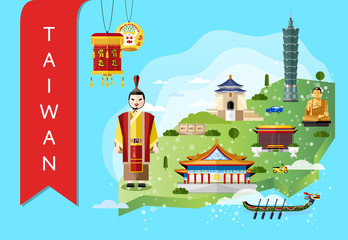 Obraz premium Taiwan famous landmarks and travel map with asian man in traditional dress on blue background, vector illustration. Time to travel concept. Asian architecture and traditional symbols in flat design.