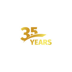 Isolated abstract golden 35th anniversary logo on white background. 35 number logotype. Thirty-five years jubilee celebration icon. Birthday emblem. Vector illustration.