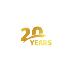 Isolated abstract golden 20th anniversary logo on white background. 20 number logotype. Twenty years jubilee celebration icon. Twentieth birthday emblem. Vector illustration.