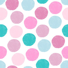 Pink, blue, turquoise random grunge round shapes seamless pattern. Colorful sketch circle on white background. Abstract polka dot seamless wallpaper. Vector illustration.